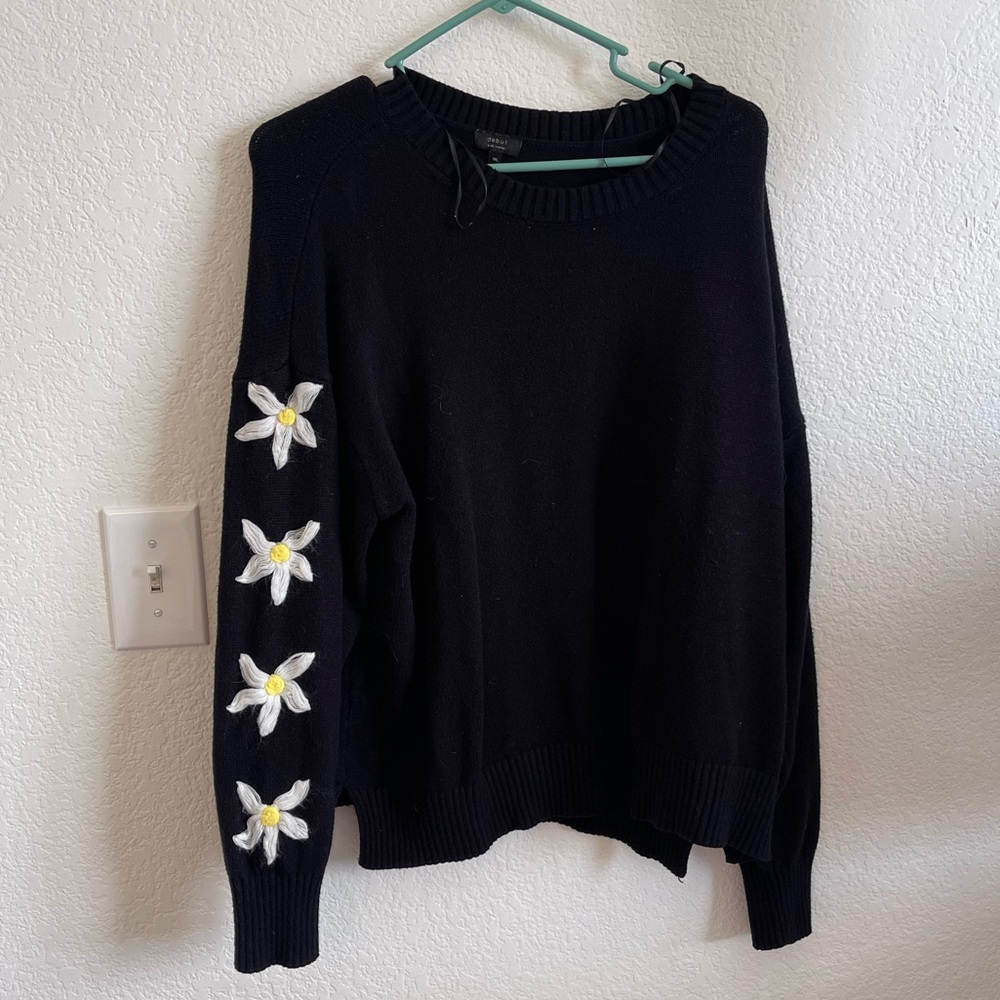 Debut Black Floral Sleeve Sweater Plus Size 1XL Daisy Embroidered